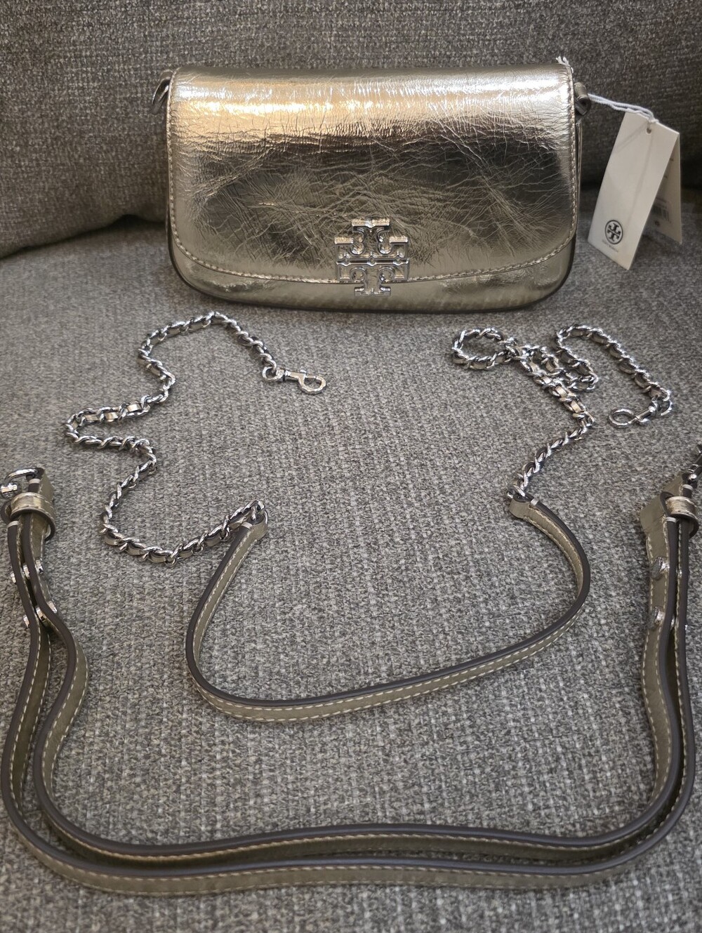 Tory Burch Britten Metallic Silver Leather Crossbody